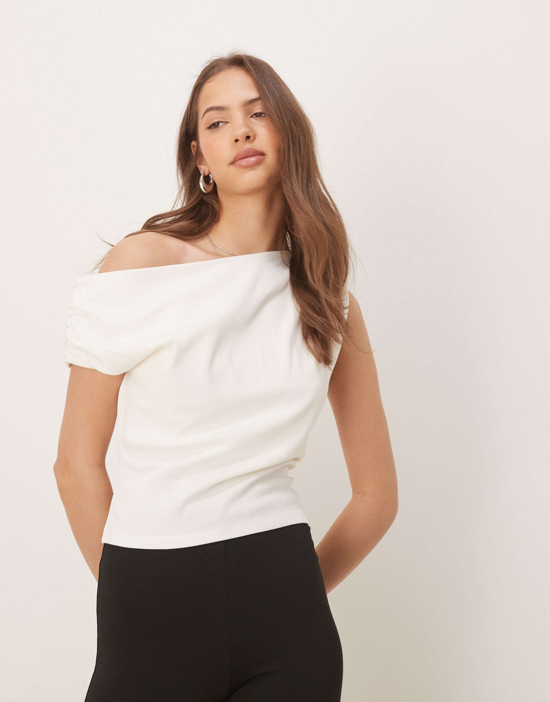 asos design off shoulder ruched baby tee in coconut milk
