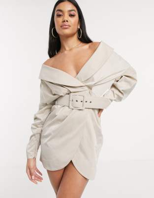 ASOS DESIGN off shoulder ruched belted tux mini dress in Camel