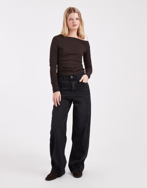 ASOS DESIGN off shoulder ruched detail long sleeve top in brown, 4 of 4