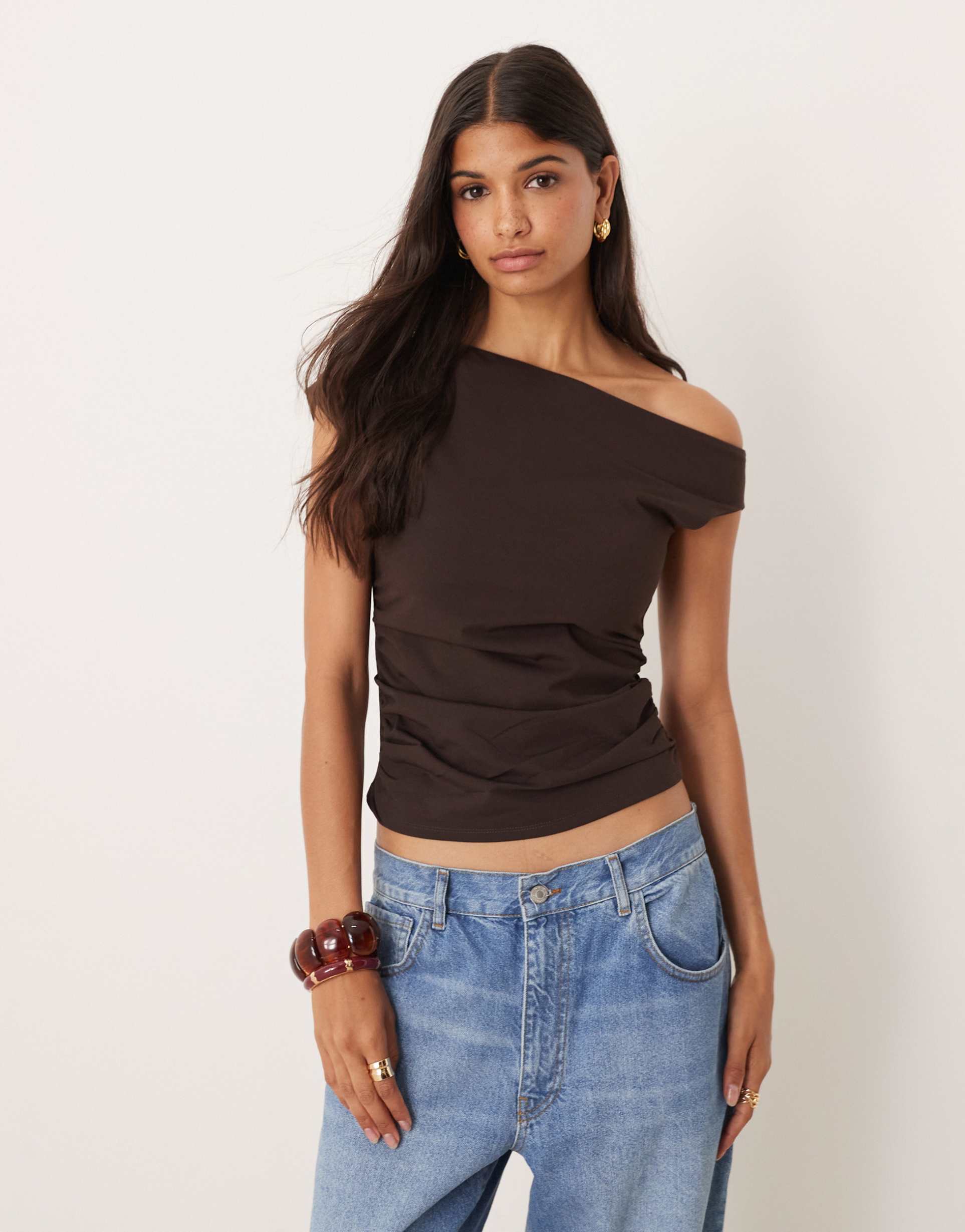 asos design off shoulder ruched detail top in brown
