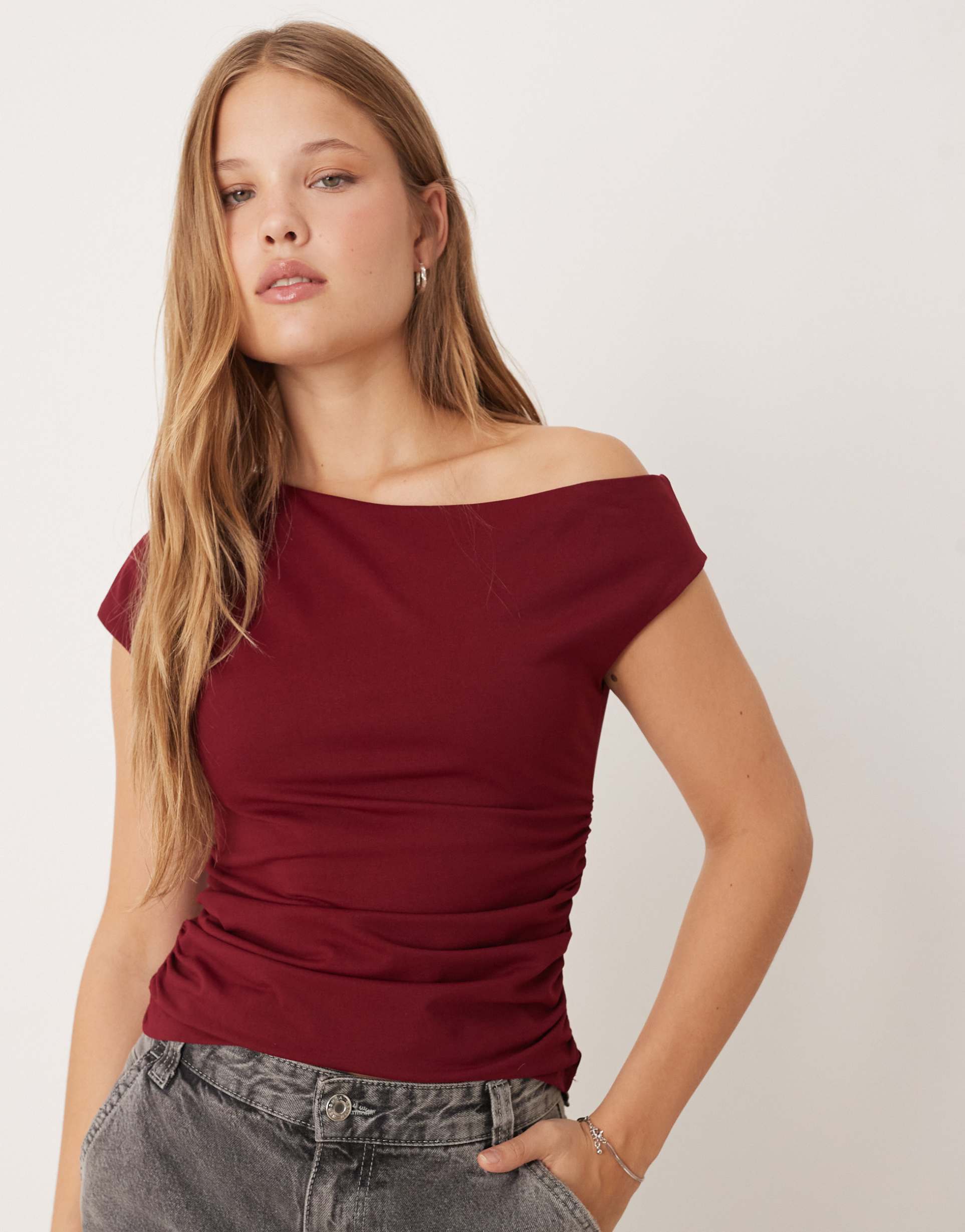 asos design off-shoulder ruched detail top in burgundy