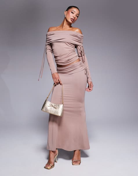 ASOS DESIGN off shoulder ruched long sleeve and maxi skirt top in mink - view 1