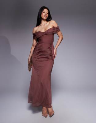 Asos Design Off Shoulder Ruched Maxi Dress In Burgundy