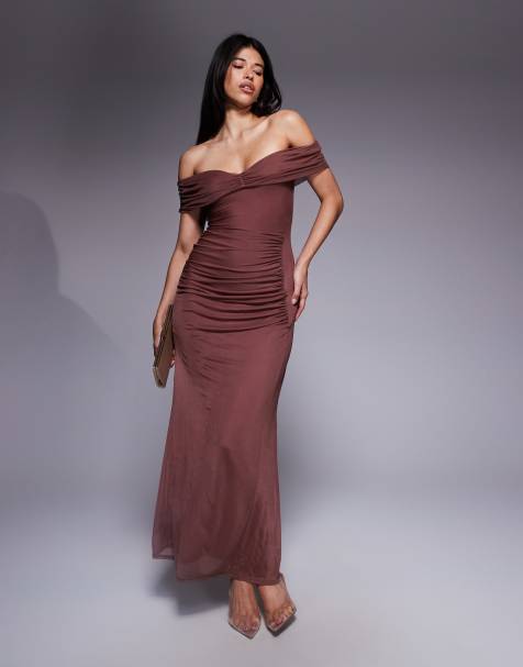ASOS DESIGN off shoulder ruched maxi dress in chestnut brown - view 1
