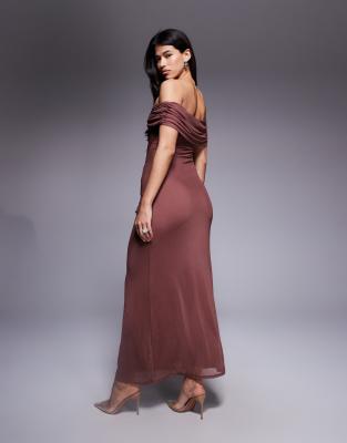 Asos Design Off Shoulder Ruched Maxi Dress In Burgundy
