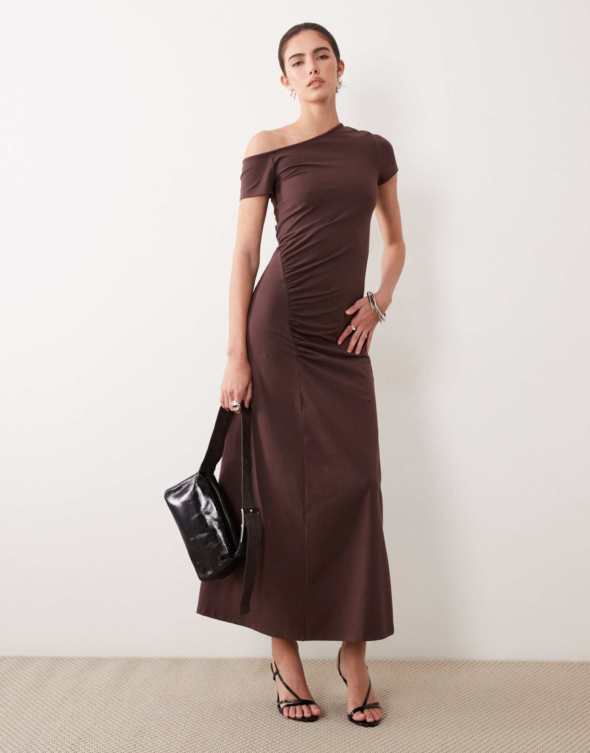 asos design off shoulder ruched maxi dress in chocolate