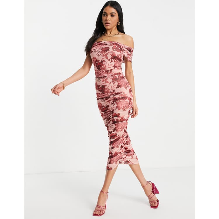 Off shoulder floral hotsell print mesh pleated dress