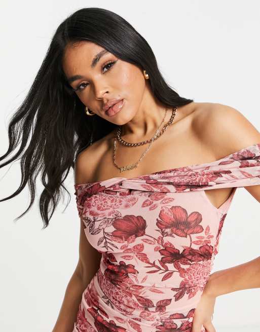 Floral Ruffle Asos Floral Off The Shoulder Dress ASOS DESIGN Off Shoulder  Ruched Mesh Midi Dress In Floral Print ASOS