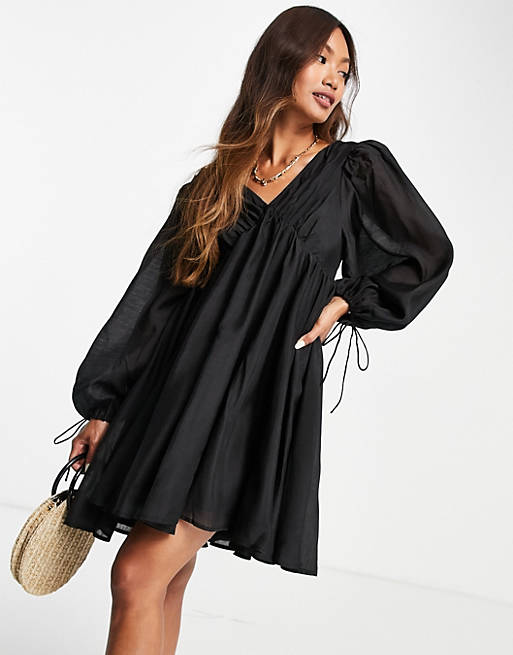 Dresses off shoulder ruched mini dress with blouson sleeve in black 
