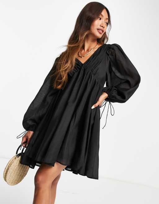 ASOS DESIGN off shoulder ruched mini dress with blouson sleeve in black ...