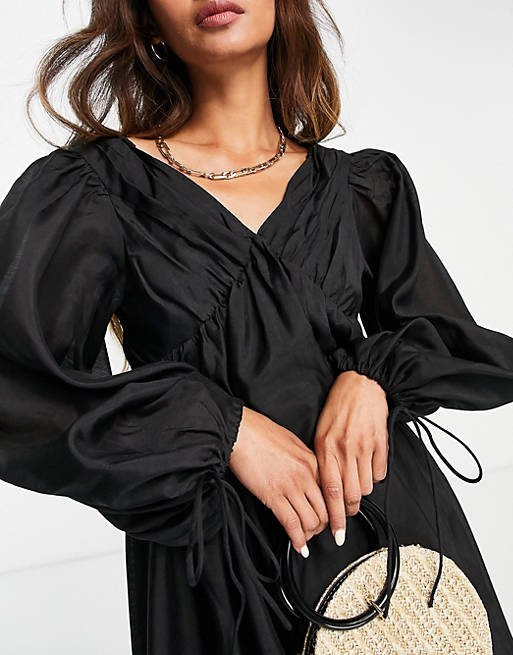 Women off shoulder ruched mini dress with blouson sleeve in black 