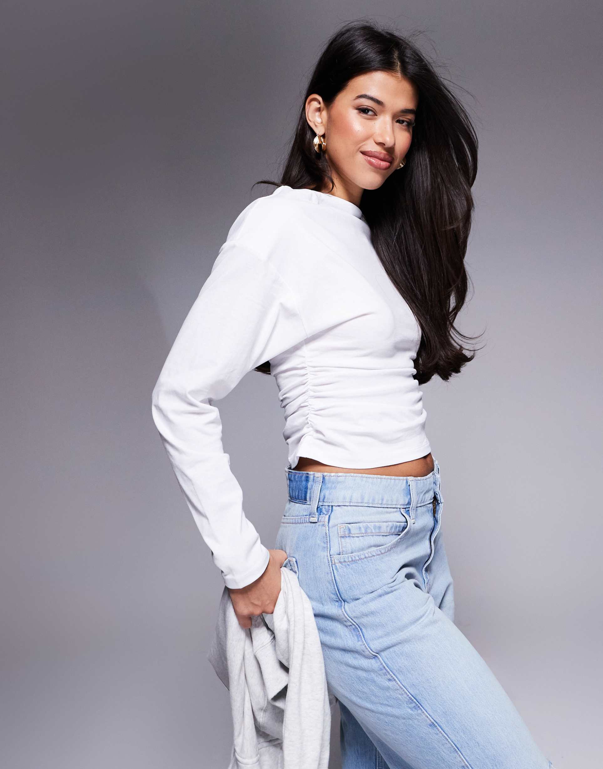 asos design off-shoulder ruched side long sleeve top in ivory
