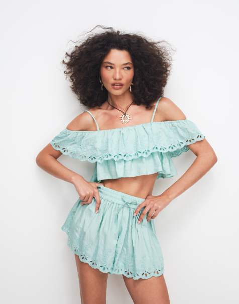 ASOS DESIGN off shoulder ruffle detail co-ord top in turquoise - view 1