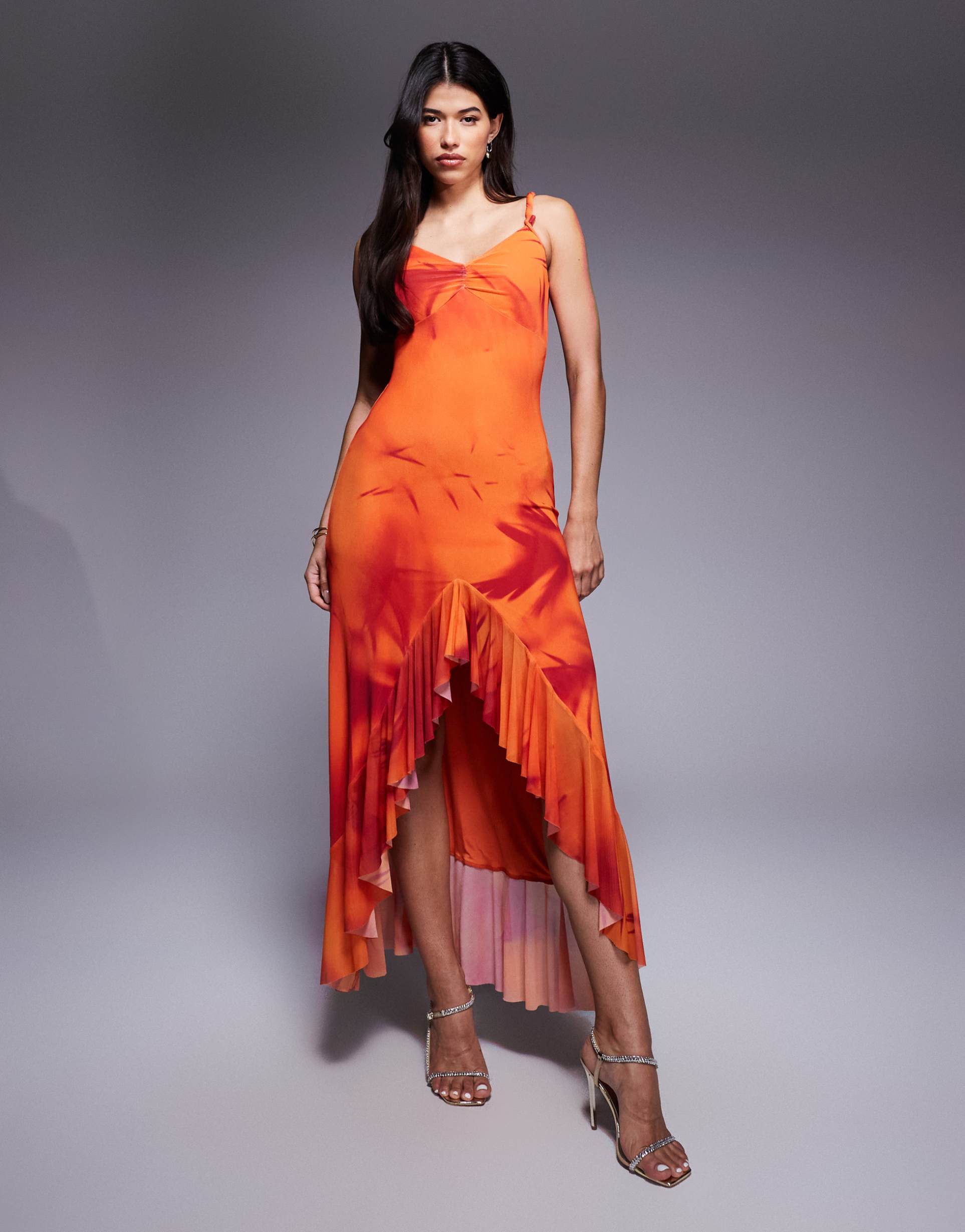 asos design off shoulder ruffle hem mesh maxi dress in orange abstract print