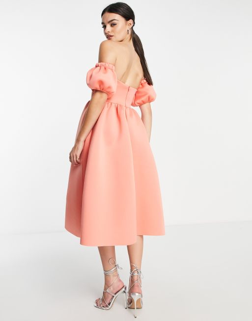 ASOS DESIGN off shoulder ruffle midi prom dress in coral