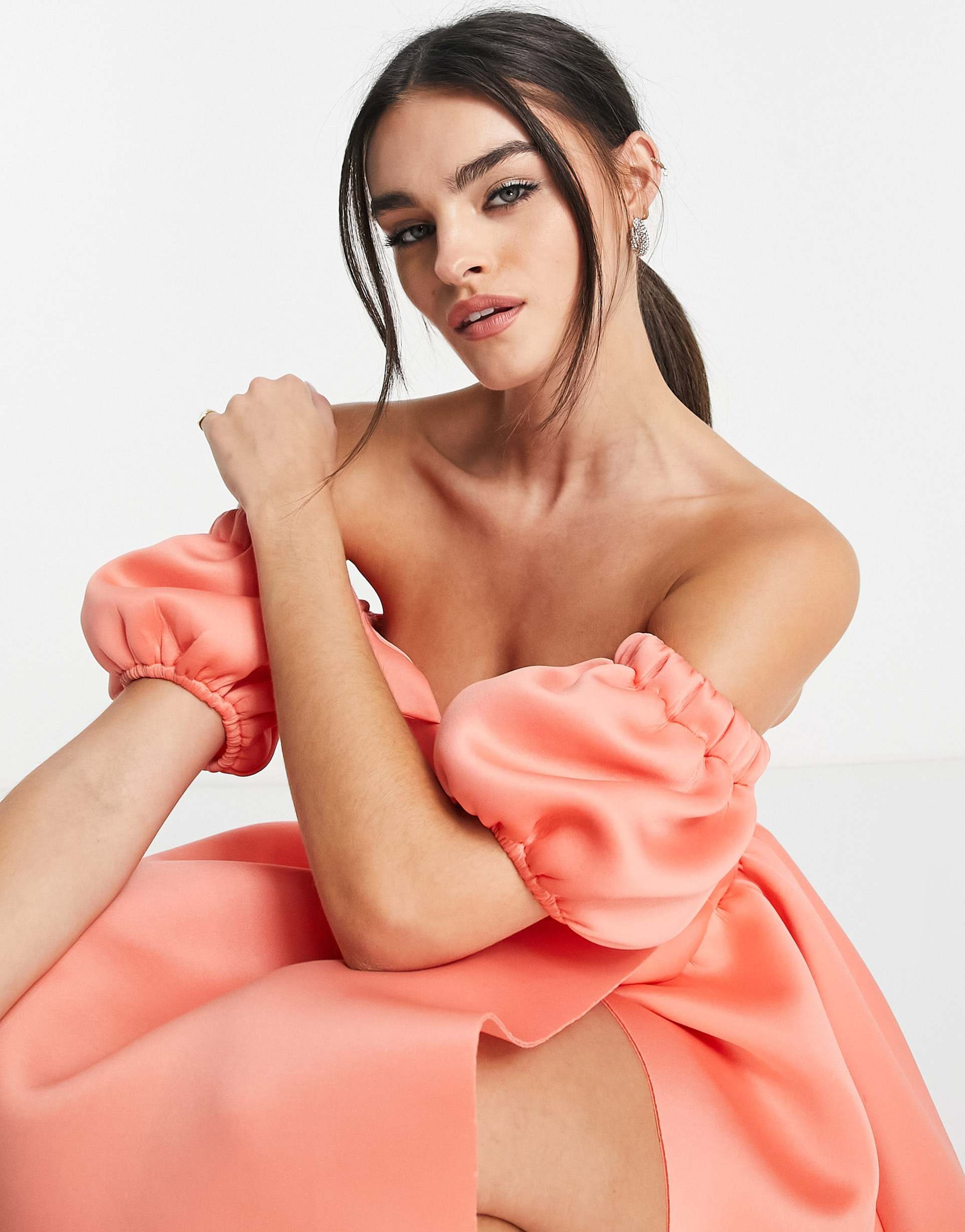 asos design off shoulder ruffle midi prom dress in coral