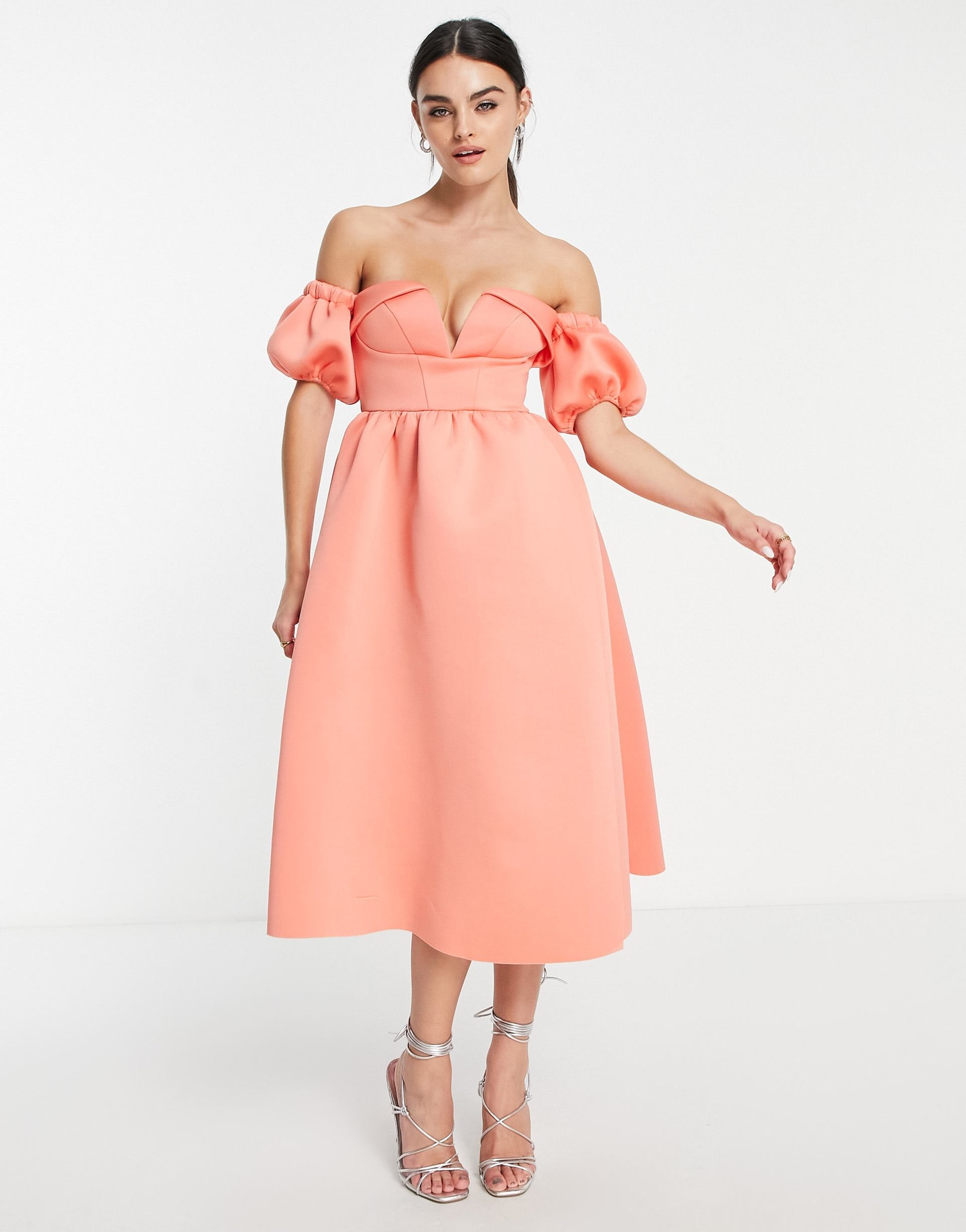 asos design off shoulder ruffle midi prom dress in coral