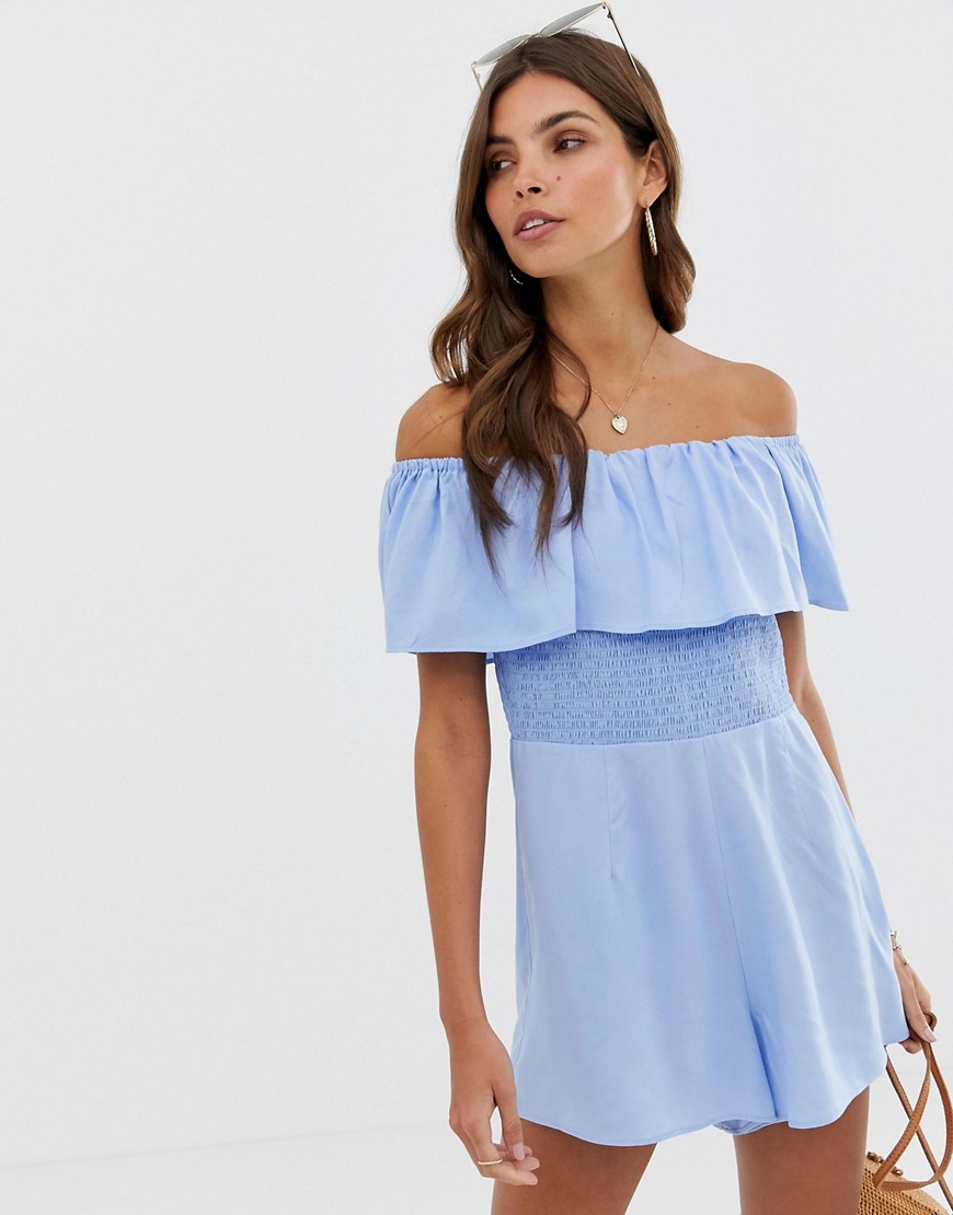 ASOS DESIGN off shoulder ruffle playsuit with shirring-Blue