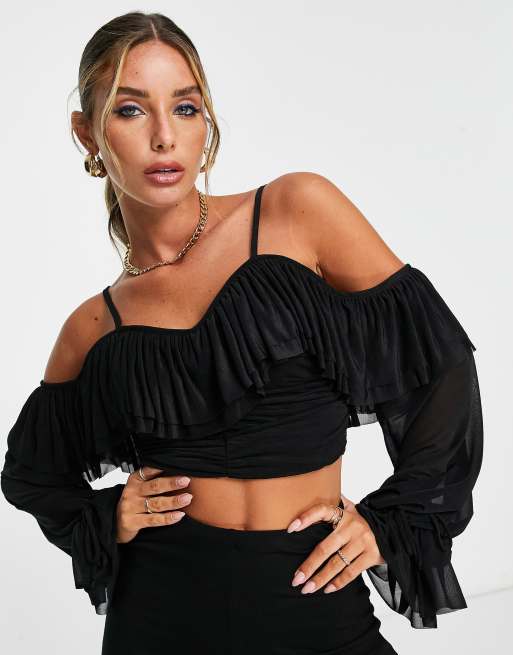 Black off the shoulder ruffle crop top online