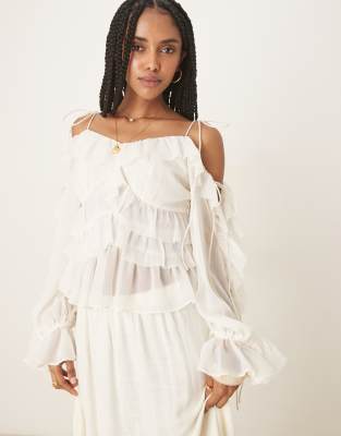 Asos Design Off-shoulder Ruffle Top With Tie Sleeves