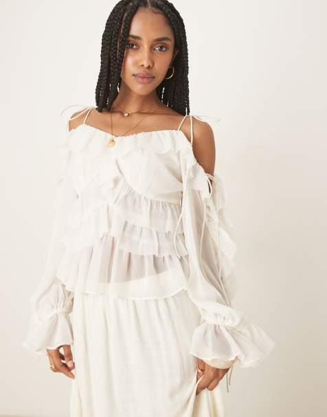ASOS DESIGN off-shoulder ruffle top with tie sleeves in natural - view 1