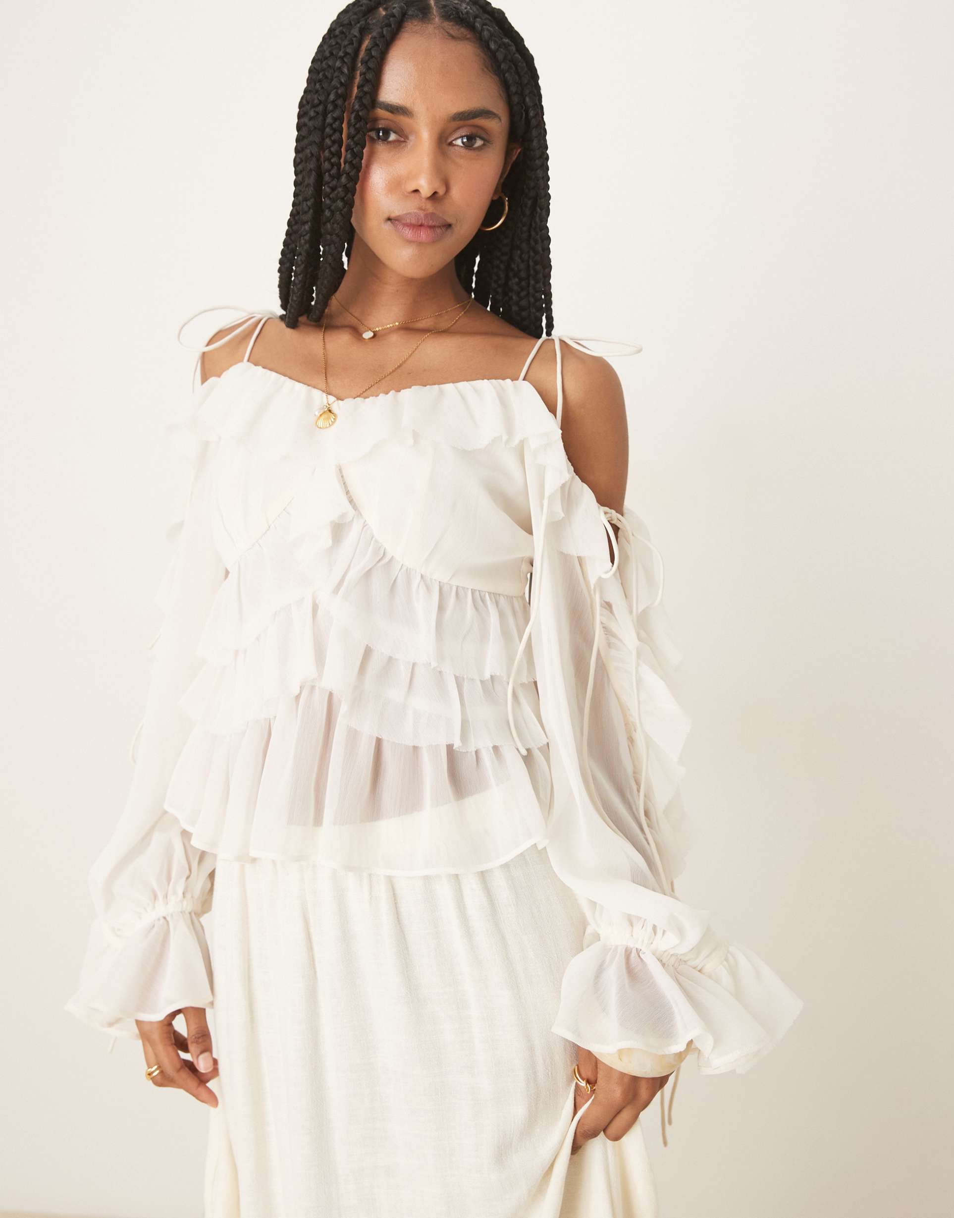 asos design off-shoulder ruffle top with tie sleeves in natural