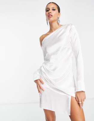 ASOS DESIGN off shoulder satin long sleeve drape mini dress in ivory high  shine