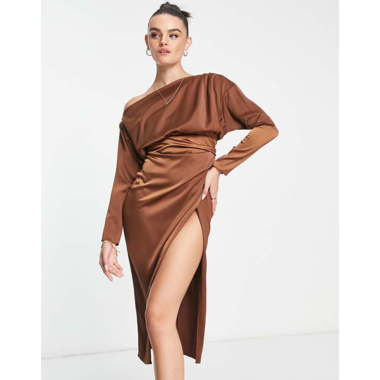 Chocolate Satin Short Sleeve Ruched Midaxi Dress