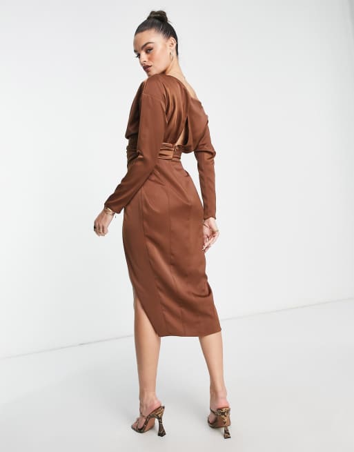 ASOS DESIGN one shoulder tie stretch satin mini dress in chocolate