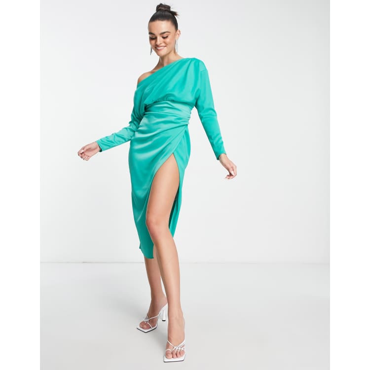 ASOS DESIGN off shoulder satin midi dress with tuck detail bodice in green ASOS