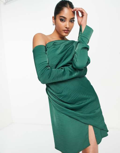 ASOS DESIGN off shoulder satin mini dress with drape detail in forest green