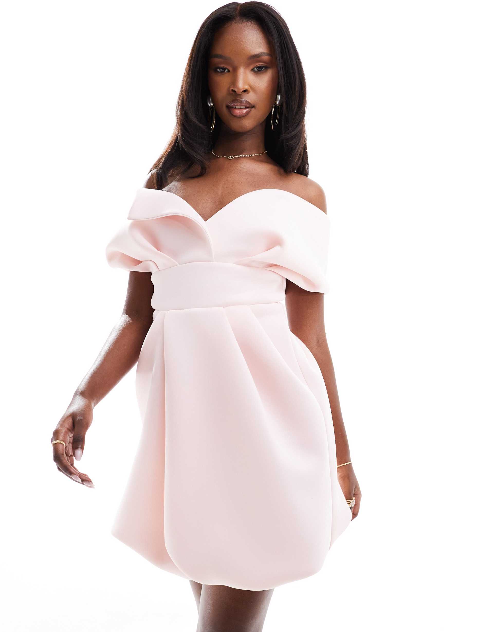 asos design off shoulder scuba bubble mini dress in light pink