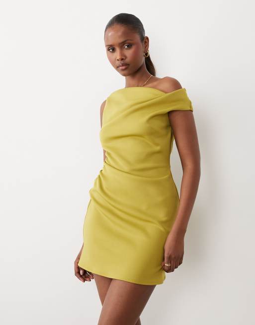 ASOS DESIGN off shoulder sculpted mini dress in avocado scuba-style fabric, 3 of 4