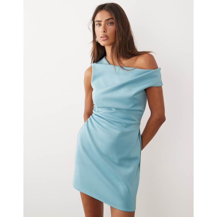 blue off the shoulder dress asos ASOS DESIGN off-shoulder ruched detail maxi dress in sky blue