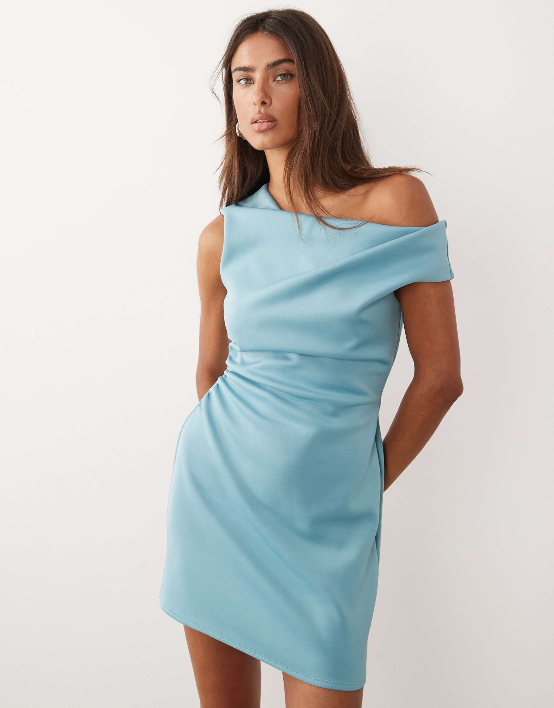 asos design off-shoulder sculpted mini dress in bright blue scuba-style fabric