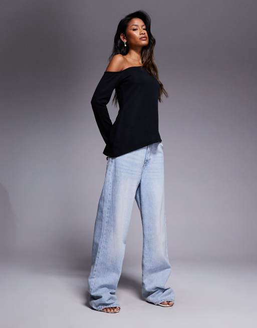 ASOS DESIGN off shoulder sheer knit-look asymmetric top in black