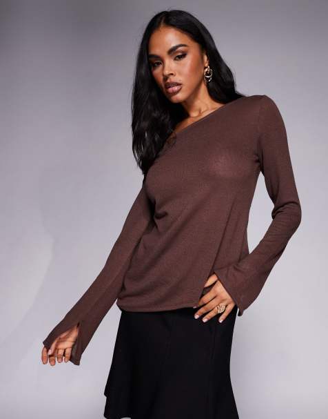 ASOS DESIGN off shoulder sheer knit-look asymmetric top in chocolate - view 1