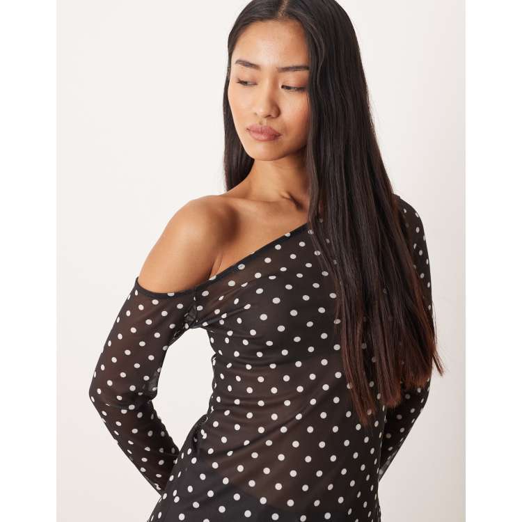 ASOS DESIGN off shoulder sheer mesh asymmetric top in black