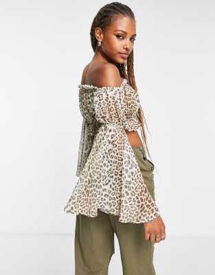 ASOS DESIGN off shoulder sheer top with flared sleeve in leopard