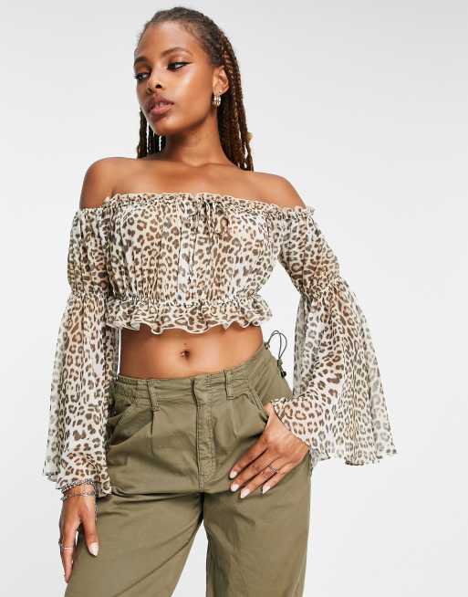 ASOS DESIGN off shoulder sheer top with flared sleeve in leopard