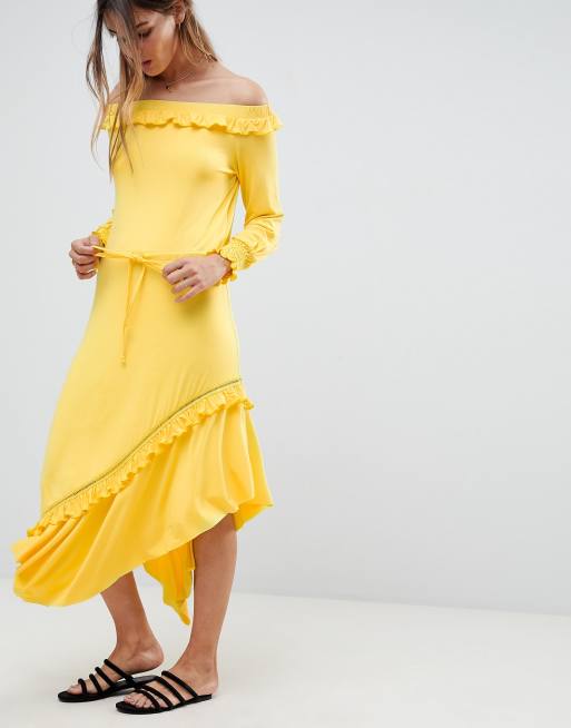 ASOS DESIGN Off Shoulder Shirred Cuff Midi Tea Dress, 3 of 4