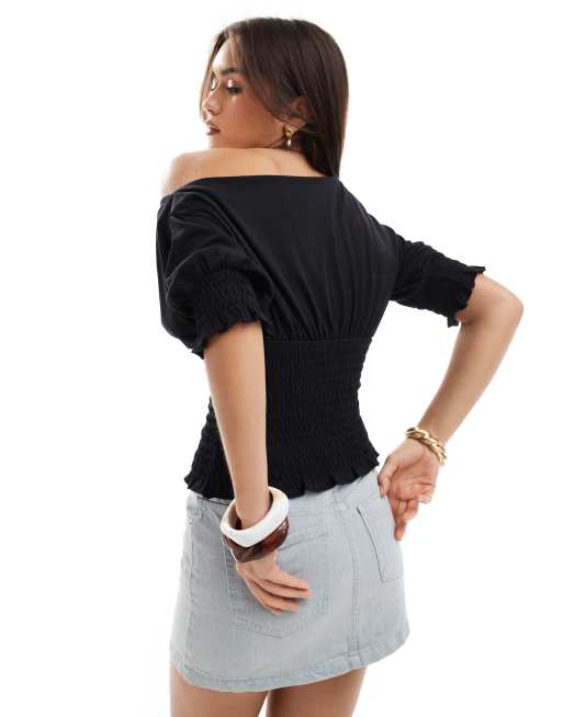 ASOS DESIGN off shoulder shirred detail top in black