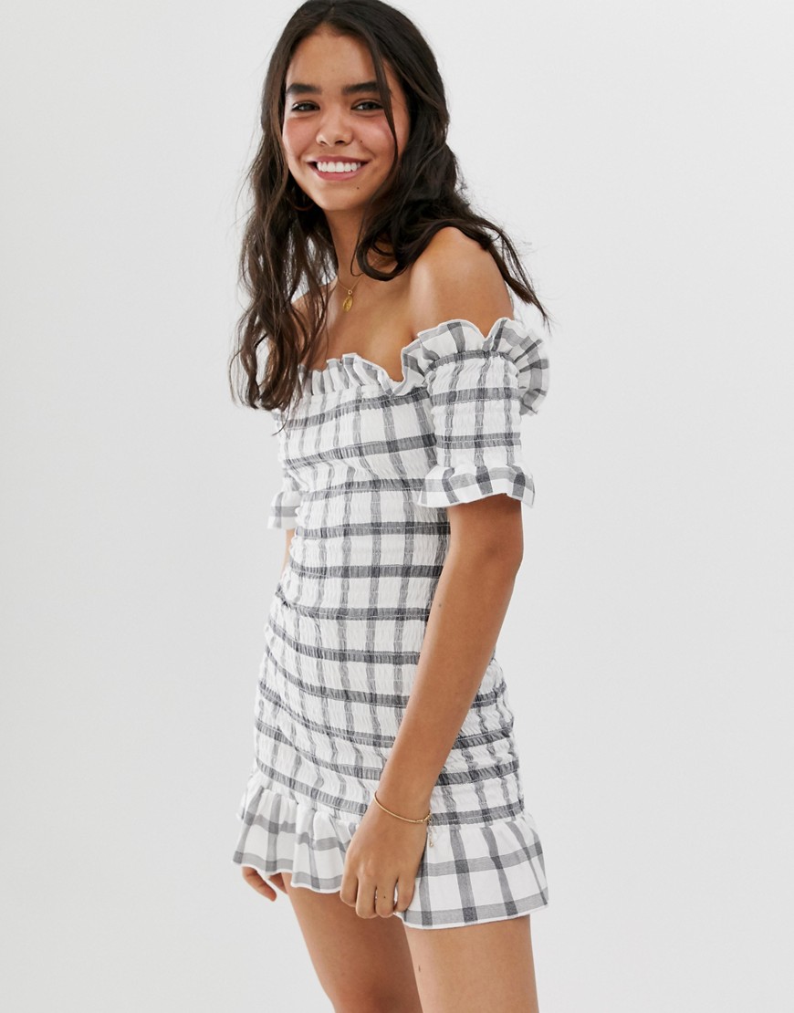 ASOS DESIGN off shoulder shirred sundress with tiered hem in white and grey check-Multi