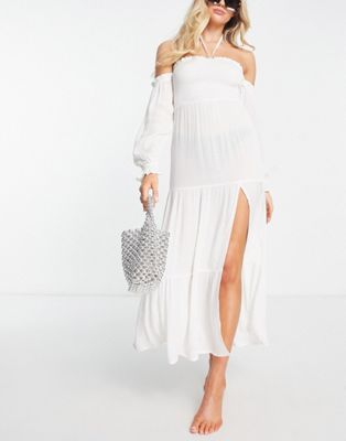 Asos Design Off Shoulder Shirred Waist Maxi Beach Dress In Ivory-white