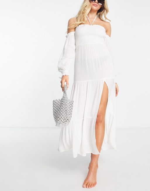 Off The Shoulder Ruffle Hem Shirred Waist Dress