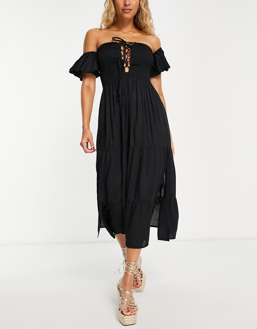 ASOS DESIGN off shoulder shirred waist midaxi beach dress in black