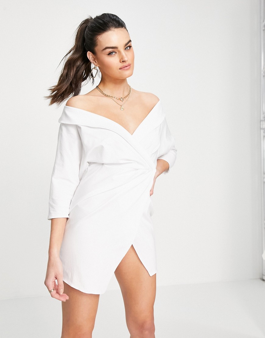 ASOS DESIGN off shoulder shirt mini dress with wrap skirt in white