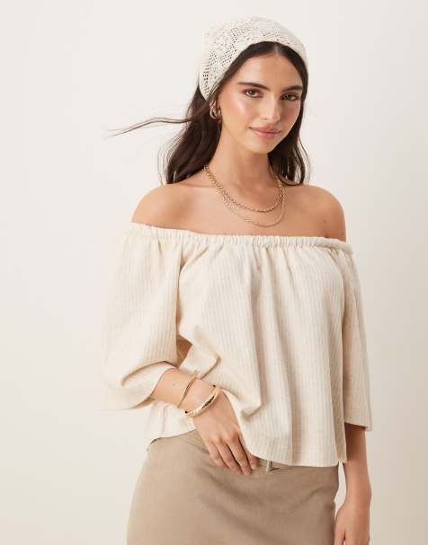 ASOS DESIGN off shoulder short sleeve cropped tee in neutral stripe - view 1