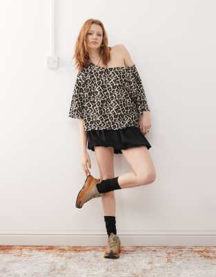 Asos Design Off Shoulder Short Sleeve Jacquard T-shirt In Multi