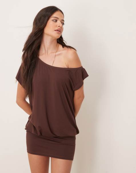 ASOS DESIGN off shoulder short sleeve slouchy mini dress in brown - view 1